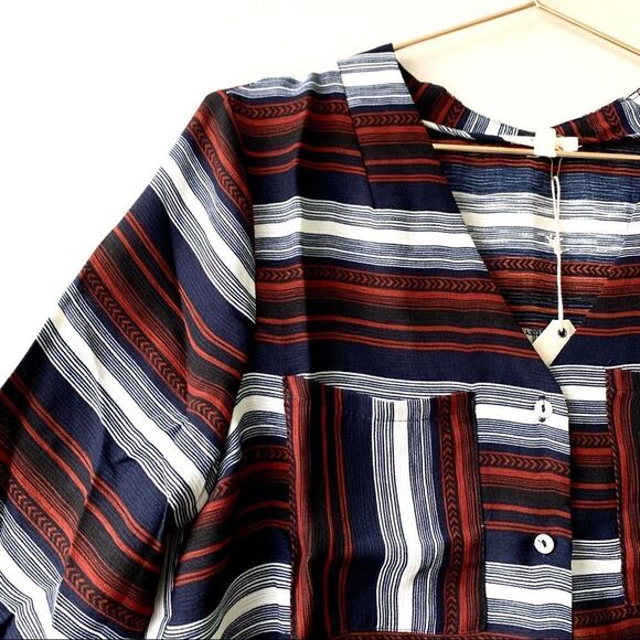 NWT Entro Rust Navy Blue Striped Spliced Back V Neck Long Sleeve Button Up Top - Picture 2 of 8